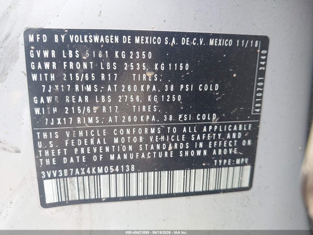 3VV3B7AX4KM054138 Volkswagen Tiguan 2.0t Se/2.0t Sel/2.0t Sel R-line/2.0t Sel R-line Black
