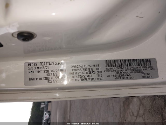 Auction sale of the 2021 Ram Promaster City Tradesman, vin: ZFBHRFAB0M6U40415, lot number: 45421106