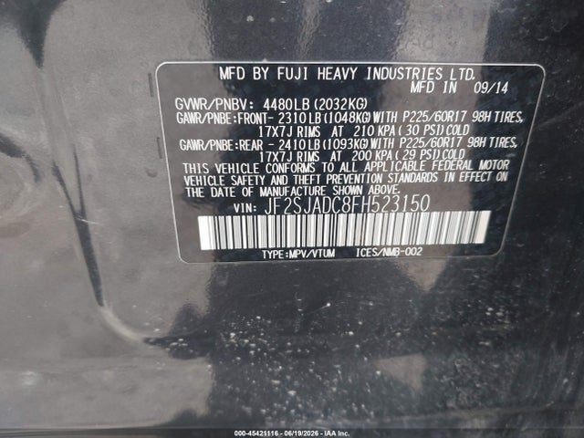 Aukcja sprzedaży 2015 Subaru Forester 2.5i Premium, vin: JF2SJADC8FH523150, numer aukcji: 45421116