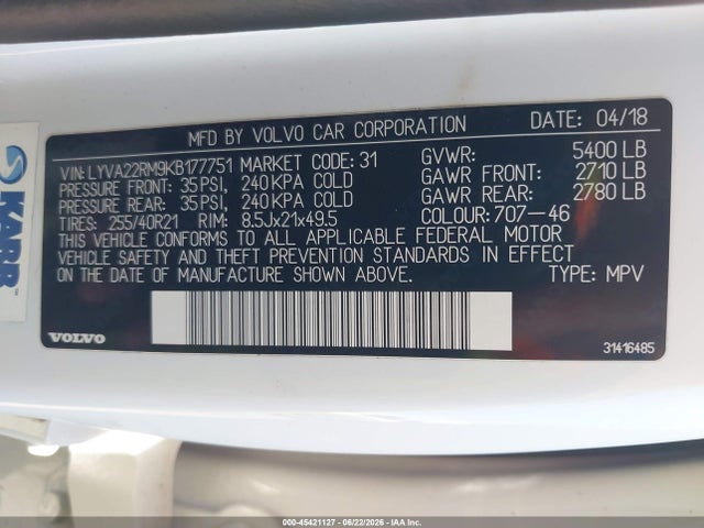 45421127 :رقم المزاد ، LYVA22RM9KB177751 vin ، 2019 Volvo Xc60 T6 R-design مزاد بيع