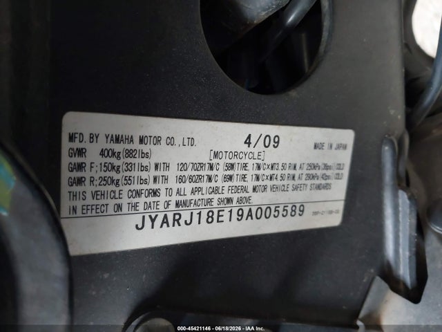 Aukcja sprzedaży 2009 Yamaha Fz6 R, vin: JYARJ18E19A005589, numer aukcji: 45421146