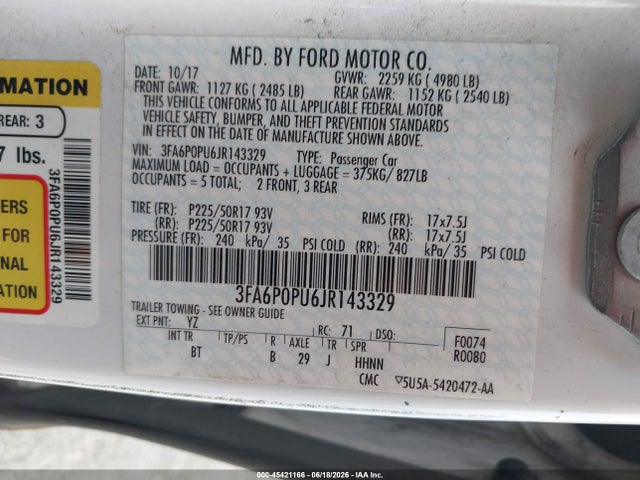 Aukcja sprzedaży 2018 Ford Fusion Energi Se Luxury, vin: 3FA6P0PU6JR143329, numer aukcji: 45421166
