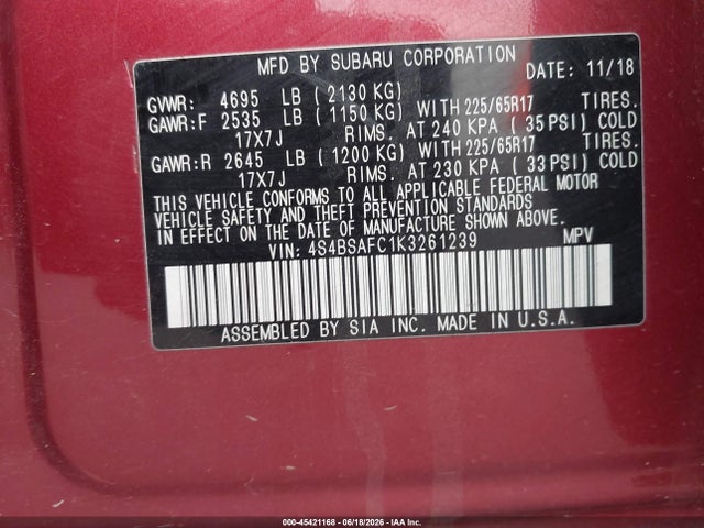 2019 Subaru Outback 2.5i Premium მანქანა იყიდება აუქციონზე, vin: 4S4BSAFC1K3261239, აუქციონის ნომერი: 45421168