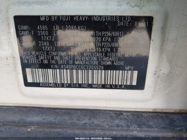 45421174 :رقم المزاد ، 4S4BRBCC6C3205529 vin ، 2012 Subaru Outback 2.5i Premium مزاد بيع