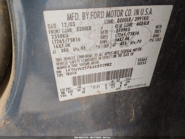 45421215 :رقم المزاد ، 1FTNW21P64EB92982 vin ، 2004 Ford F-250 Lariat/xl/xlt مزاد بيع
