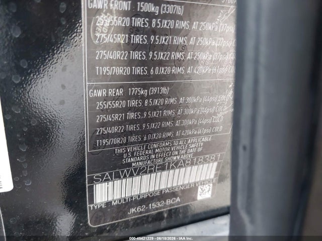 Aukcja sprzedaży 2019 Land Rover Range Rover Sport Autobiography, vin: SALWV2RE1KA818381, numer aukcji: 45421229