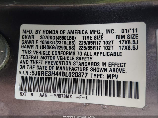 2011 Honda Cr-v Se მანქანა იყიდება აუქციონზე, vin: 5J6RE3H44BL020877, აუქციონის ნომერი: 45421242