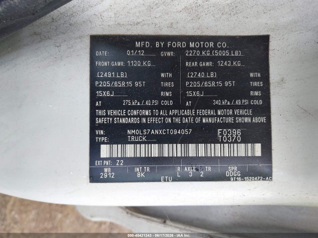 45421243 :رقم المزاد ، NM0LS7ANXCT094057 vin ، 2012 Ford Transit Connect Xl مزاد بيع