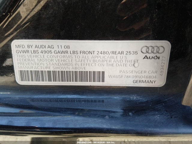 2009 Audi A4 2.0t Premium მანქანა იყიდება აუქციონზე, vin: WAUSF78K09N046804, აუქციონის ნომერი: 45421248