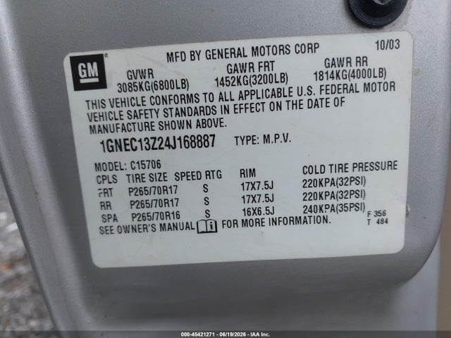 45421271 :رقم المزاد ، 1GNEC13Z24J168887 vin ، 2004 Chevrolet Tahoe Lt مزاد بيع