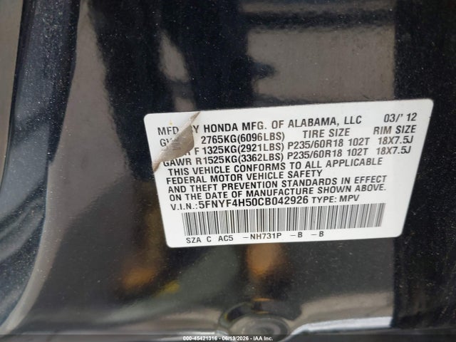 45421316 :رقم المزاد ، 5FNYF4H50CB042926 vin ، 2012 Honda Pilot Ex-l مزاد بيع
