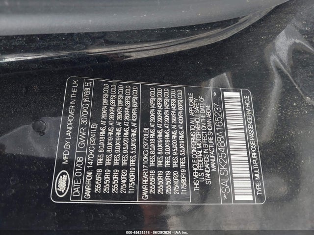 Продажа на аукционе авто 2008 Land Rover Range Rover Sport Hse, vin: SALSK25488A165237, номер лота: 45421318