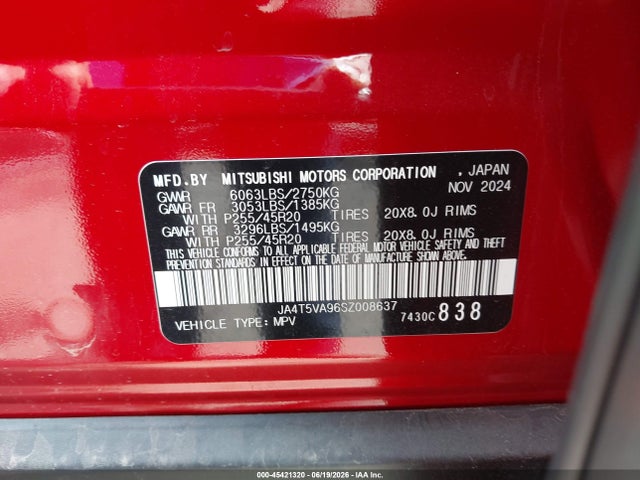 45421320 :رقم المزاد ، JA4T5VA96SZ008637 vin ، 2025 Mitsubishi Outlander Phev Se S-awc مزاد بيع
