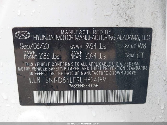 45421323 :رقم المزاد ، 5NPD84LF9LH624159 vin ، 2020 Hyundai Elantra Sel مزاد بيع