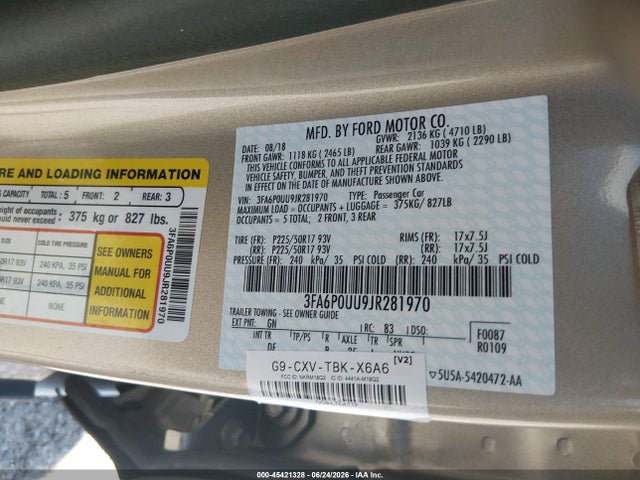 Auction sale of the 2018 Ford Fusion Hybrid S, vin: 3FA6P0UU9JR281970, lot number: 45421328