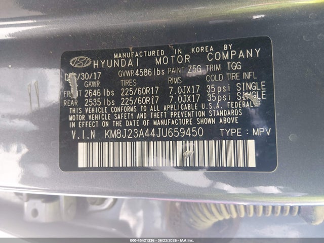 45421336 :رقم المزاد ، KM8J23A44JU659450 vin ، 2018 Hyundai Tucson Se مزاد بيع