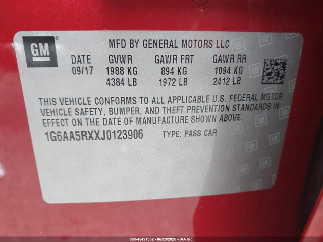 45421352 :رقم المزاد ، 1G6AA5RXXJ0123906 vin ، 2018 Cadillac Ats Standard مزاد بيع