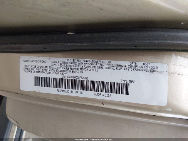 45421367 :رقم المزاد ، 4S4BP60C787325096 vin ، 2008 Subaru Outback مزاد بيع