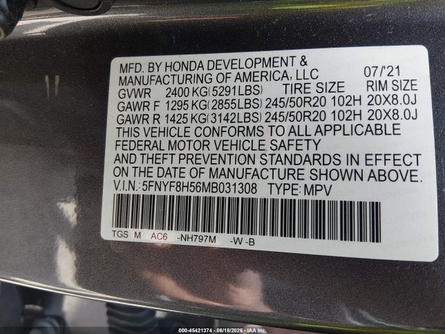 Продаж на аукціоні авто 2021 Honda Passport Awd Ex-l, vin: 5FNYF8H56MB031308, номер лоту: 45421374