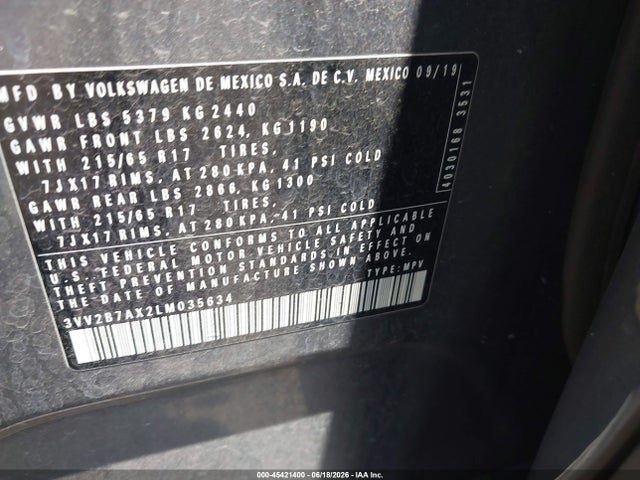 3VV2B7AX2LM035634 Volkswagen Tiguan 2.0t Se/2.0t Se R-line Black/2.0t Sel