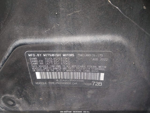 45421449 :رقم المزاد ، ML32AUHJ3PH000566 vin ، 2023 Mitsubishi Mirage Es/le مزاد بيع