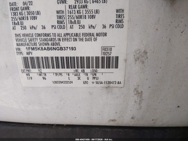 Aukcja sprzedaży 2022 Ford Police Interceptor Utility, vin: 1FM5K8AB6NGB37193, numer aukcji: 45421458
