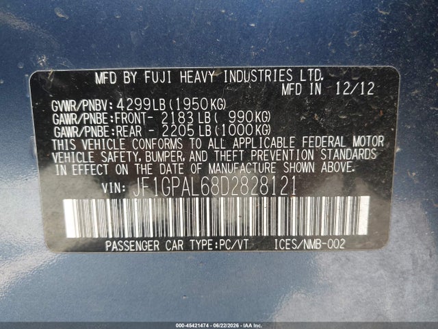 Aukcja sprzedaży 2013 Subaru Impreza 2.0i Sport Premium, vin: JF1GPAL68D2828121, numer aukcji: 45421474
