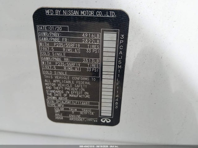 Aukcja sprzedaży 2020 Infiniti Qx50 Luxe, vin: 3PCAJ5M11LF114483, numer aukcji: 45421510