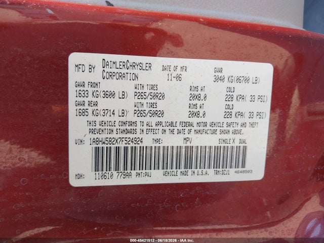 45421512 :رقم المزاد ، 1A8HW582X7F524924 vin ، 2007 Chrysler Aspen Limited مزاد بيع