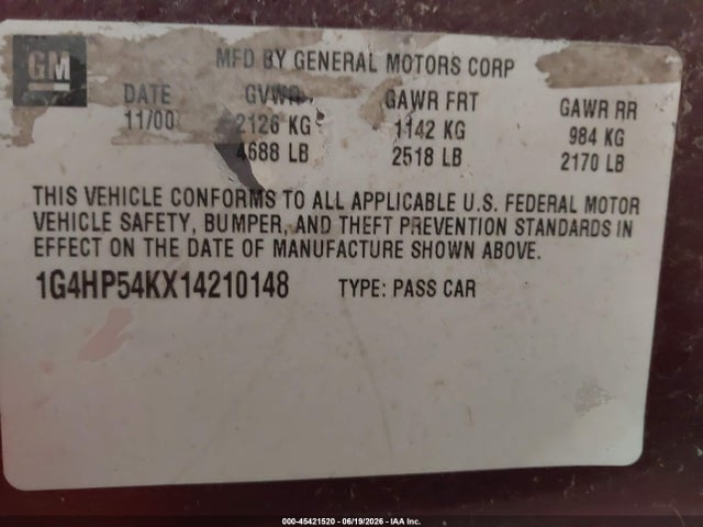 45421520 :رقم المزاد ، 1G4HP54KX14210148 vin ، 2001 Buick Lesabre Custom مزاد بيع