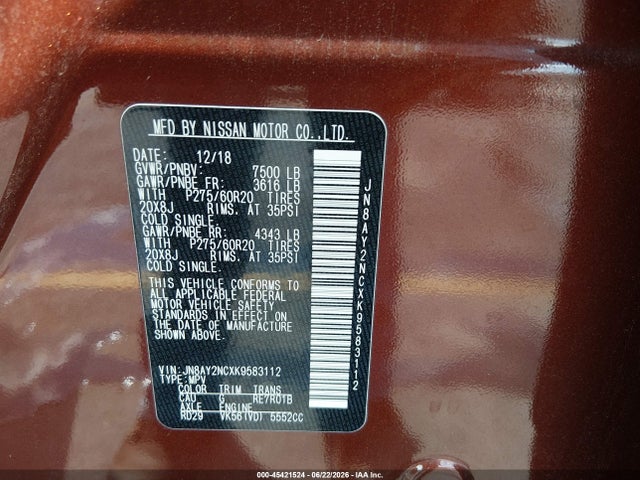 45421524 :رقم المزاد ، JN8AY2NCXK9583112 vin ، 2019 Nissan Armada Sl مزاد بيع