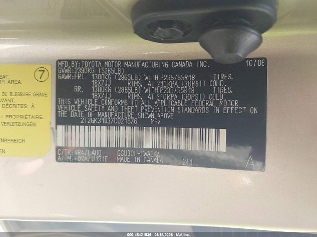 45421536 :رقم المزاد ، 2T2GK31U37C021576 vin ، 2007 Lexus Rx 350 مزاد بيع