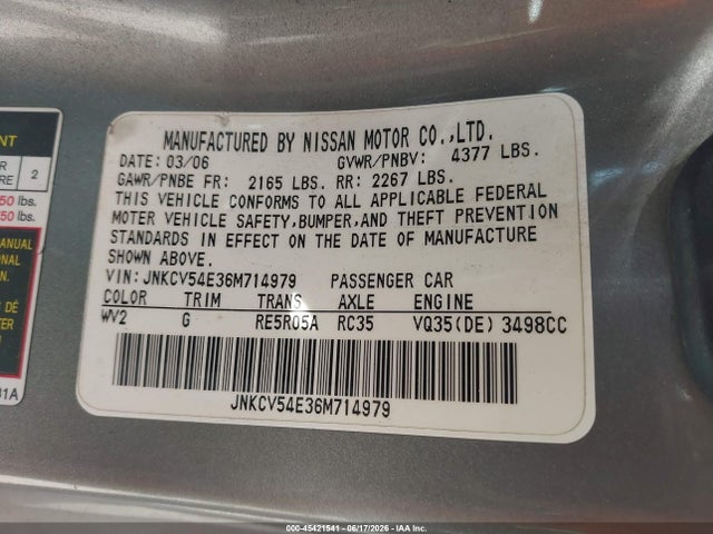 Продажа на аукционе авто 2006 Infiniti G35, vin: JNKCV54E36M714979, номер лота: 45421541