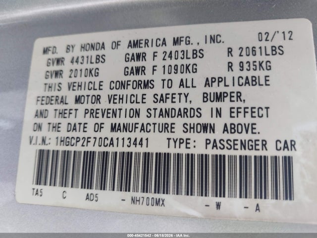 2012 Honda Accord 2.4 Ex მანქანა იყიდება აუქციონზე, vin: 1HGCP2F70CA113441, აუქციონის ნომერი: 45421542