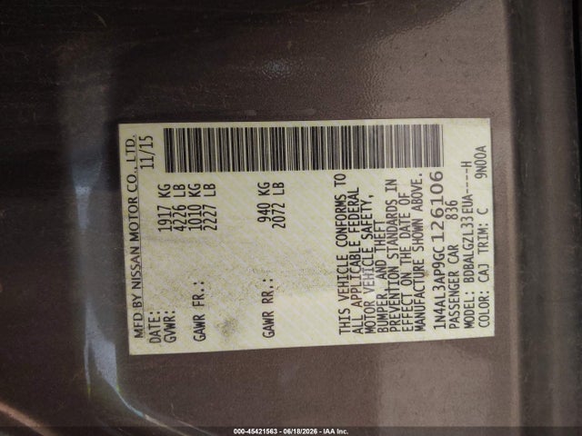 Aukcja sprzedaży 2016 Nissan Altima 2.5 S, vin: 1N4AL3AP9GC126106, numer aukcji: 45421563