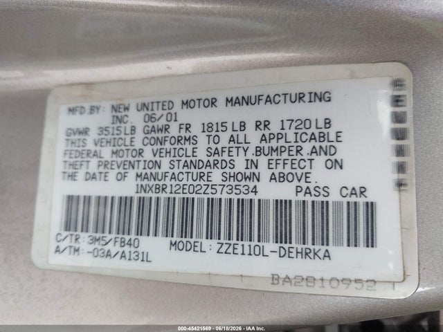 45421569 :رقم المزاد ، 1NXBR12E02Z573534 vin ، 2002 Toyota Corolla Ce مزاد بيع