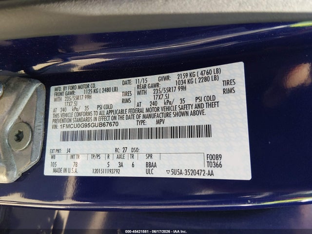 Ford ESCAPE SE 2016 1FMCU0G95GUB67670 Image 9