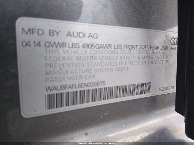 45421586 :رقم المزاد ، WAUBFAFL6EN039875 vin ، 2014 Audi A4 2.0t Premium مزاد بيع