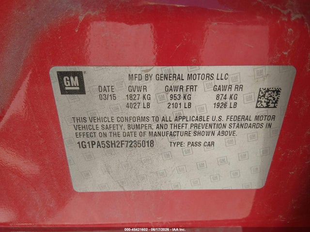 45421602 :رقم المزاد ، 1G1PA5SH2F7235018 vin ، 2015 Chevrolet Cruze Ls Auto مزاد بيع