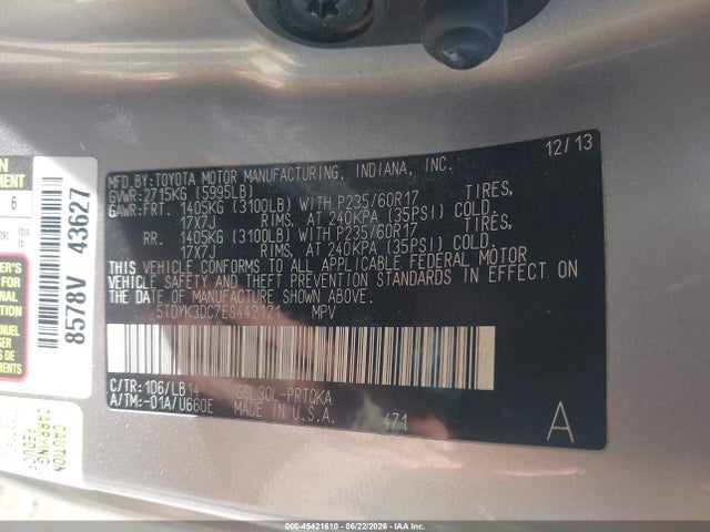 5TDYK3DC7ES442121 Toyota Sienna Xle V6 8 Passenger