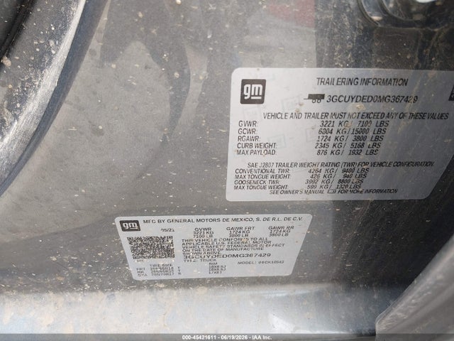 Auction sale of the 2021 Chevrolet Silverado 1500 4wd  Short Bed Lt, vin: 3GCUYDED0MG367429, lot number: 45421611