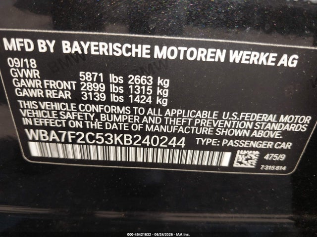 45421632 :رقم المزاد ، WBA7F2C53KB240244 vin ، 2019 Bmw 750i Xdrive مزاد بيع