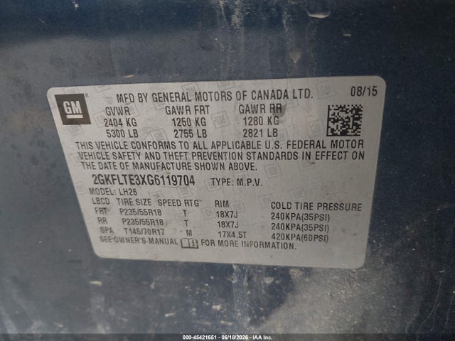 Продаж на аукціоні авто 2016 Gmc Terrain Sle-2, vin: 2GKFLTE3XG6119704, номер лоту: 45421651