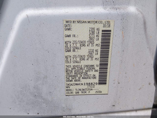 2018 Nissan Murano Platinum მანქანა იყიდება აუქციონზე, vin: 5N1AZ2MH4JN198829, აუქციონის ნომერი: 45421669