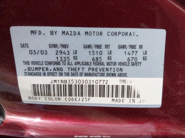 Aukcja sprzedaży 2003 Mazda Mx-5 Miata Cloth/ls/se/shinsen, vin: JM1NB353030310772, numer aukcji: 45421691