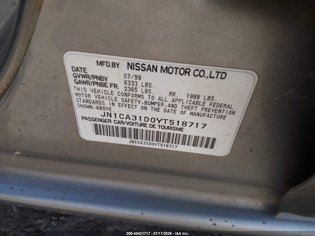 Продаж на аукціоні авто 2000 Nissan Maxima Gle/gxe/se, vin: JN1CA31D0YT518717, номер лоту: 45421717