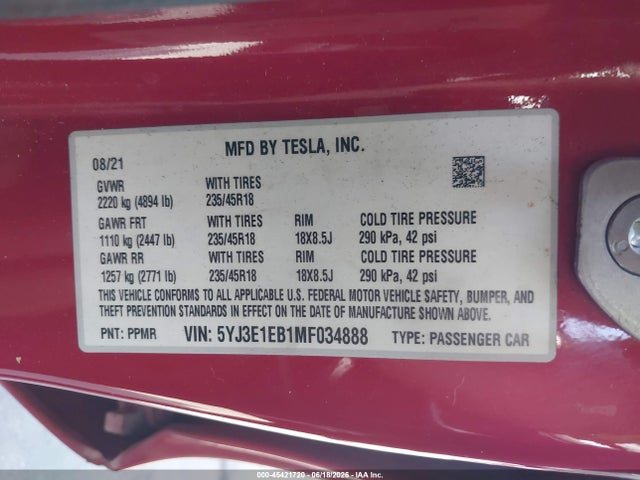 Aukcja sprzedaży 2021 Tesla Model 3 Long Range, vin: 5YJ3E1EB1MF034888, numer aukcji: 45421720
