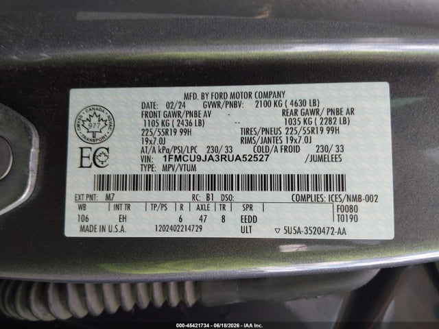 Aukcja sprzedaży 2024 Ford Escape Platinum, vin: 1FMCU9JA3RUA52527, numer aukcji: 45421734