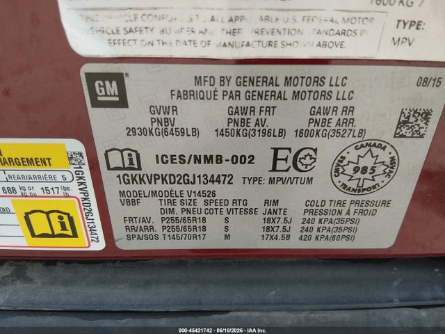 Aukcja sprzedaży 2016 Gmc Acadia Sle2, vin: 1GKKVPKD2GJ134472, numer aukcji: 45421742