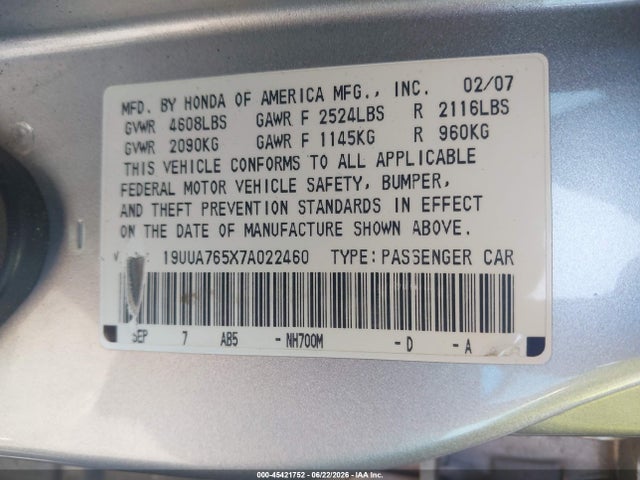 2007 Acura Tl Type S მანქანა იყიდება აუქციონზე, vin: 19UUA765X7A022460, აუქციონის ნომერი: 45421752